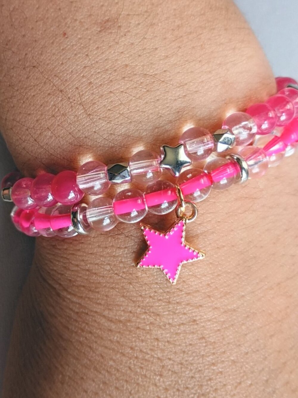 Hot Pink Star Beaded Bracelet Stack (2-Piece Set)